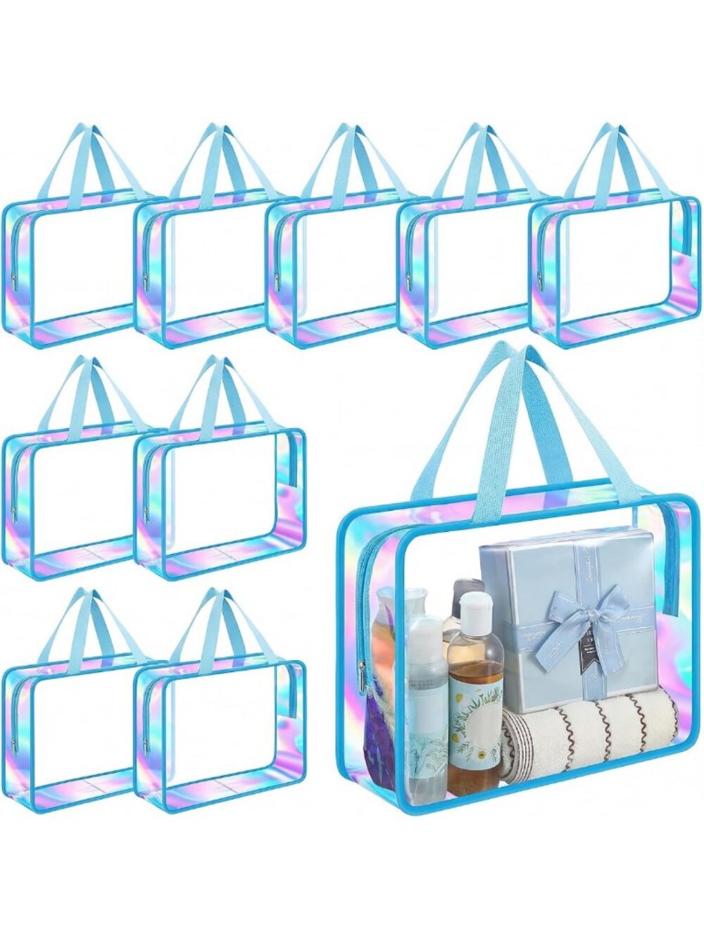 10 Pcs Clear Makeup Bags with Handle - Large Toiletry Organizer, Blue Travel Set